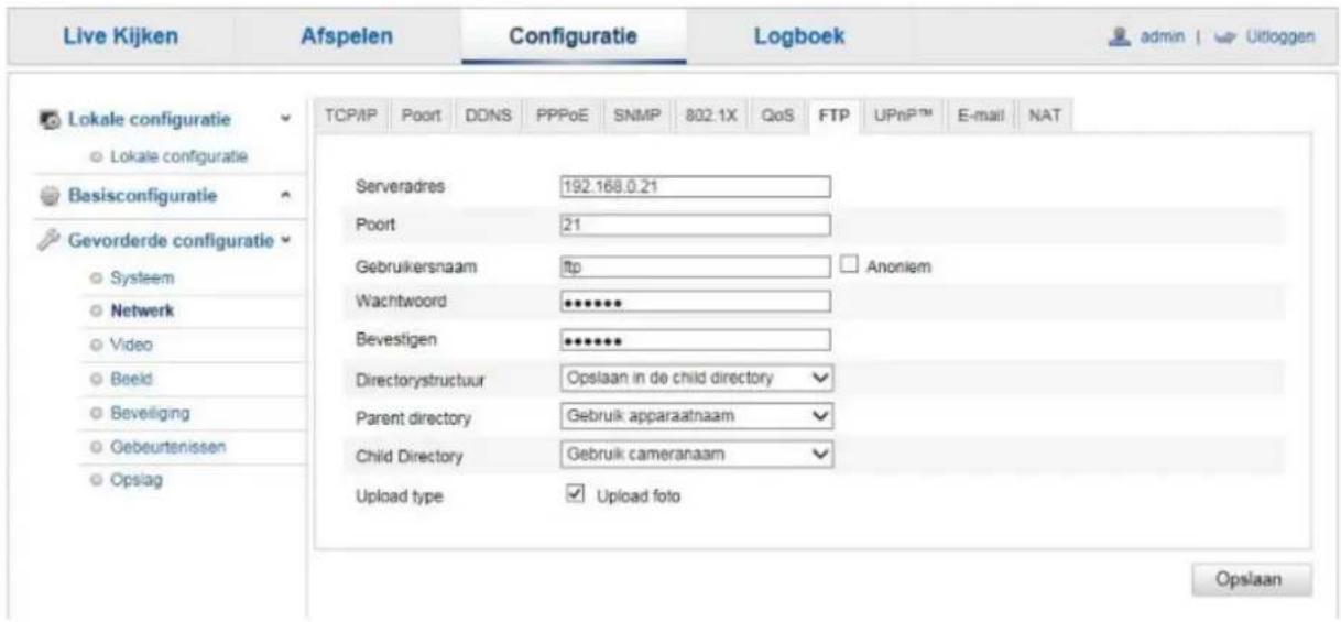 Live Kijken Afspelen Configuratie Logboek admin | Uitloggen TCP/IP Poort DDNS PPPoE SNMP 802.1X QoS FTP UPnP™ E-mail NAT Lokale configuratie Lokale configuratie Basisconfiguratie Gevorderde configuratie Systeem Netwerk Video Beeld Beveiliging Gebeurtenissen Opslag Serveradres 192.168.0.21 Poort 21 G…