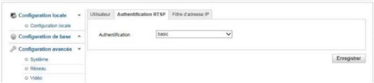 Configuration locale Configuration locale Configuration de base Configuration avancée Système Réseau Vidéo Utilisateur Authentication RTSP Fitre d'adresse IP Authentication basic Enregistrer