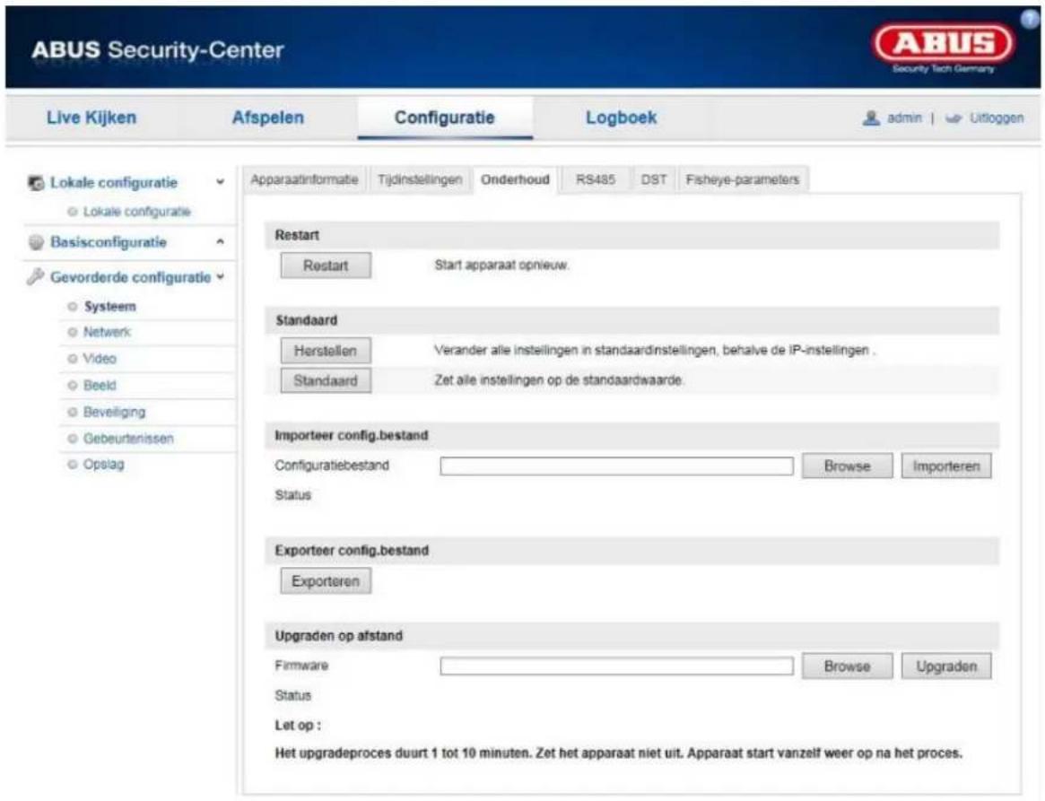 ABUS Security-Center Live Kijken Afspelen Configuratie Logboek admin | Uitloggen Lokale configuratie Lokale configuratie Basisconfiguratie Gevorderde configuratie Systeem Netwerk Video Beeld Beveiliging Gebeurtenissen Opslag Apparaatinformate Tijdinstellingen Onderhoud RS485 DST Fisheye-parameters R…