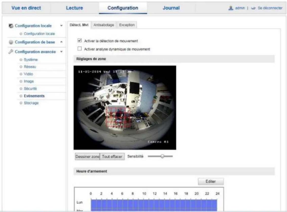 Vue en direct Lecture Configuration Journal admin | Se déconnecter Configuration locale Configuration locale Configuration de base Configuration avancée Système Réseau Vidéo Image Sécurité Evénements Stockage Défect. Mvt Antisabotage Exception Activer la détection de mouvement Activer analyse dynami…