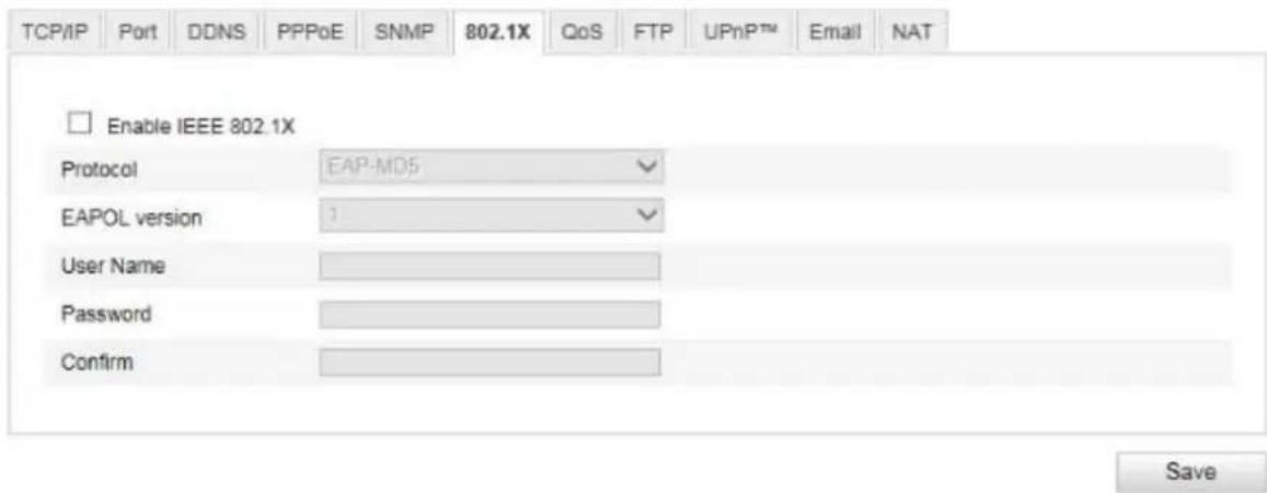 TCP/IP Port DDNS PPPoE SNMP 802.1X QoS FTP.UPnPTM Email NAT Enable IEEE 802.1X Protocol EAP-MD5 EAPOL version 1 User Name Password Confirm Save