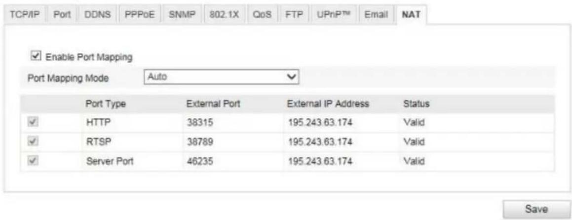 TCP/IP Port DDNS PPPoE SNMP 802.1X QoS FTP.UPnP™ Email NAT Enable Port Mapping Port Mapping Mode Auto Port Type External Port External IP Address Status HTTP 38315 195.243.63.174 Valid RTSP 38789 195.243.63.174 Valid Server Port 46235 195.243.63.174 Valid Save