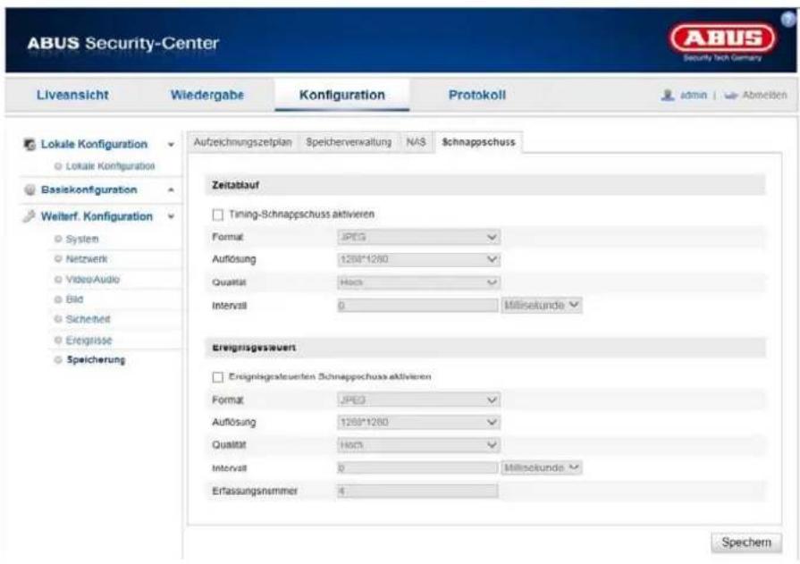 ABUS Security-Center Liveansicht Wiedergabe Konfiguration Protokoll admin Abweichen Lokale Konfiguration Lokale Konfiguration Basiekonfiguration Weiterf. Konfiguration System Netzwerk VideoAudio Bild Sicherheit Energiese Speicherung Aufzeichnungszetplan Speicherverwaltung NAS Schnappschuss Zeitaflau…
