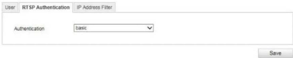 User RTSP Authentication IP Address Filter Authentication basic Save
