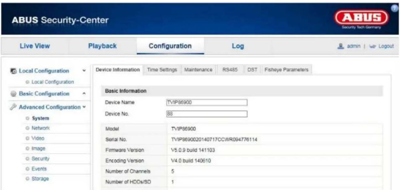 ABUS Security-Center Local Configuration Local Configuration Basic Configuration Advanced Configuration System Network Video Image Security Events Storage Live View Playback Configuration Log-admin | > Logout Device Information Time Settings Maintenance RS485 DST Fisheye Parameters Basic Information…
