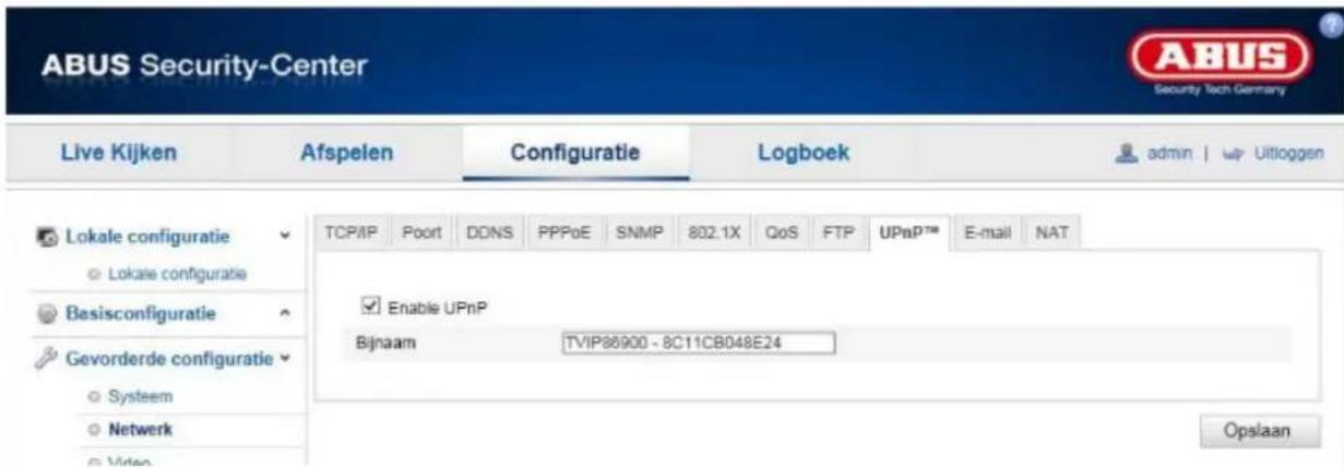 ABUS Security-Center Live Kijken Afspelen Configuratie Logboek admin | Uitloggen Lokale configuratie Lokale configuratie Basisconfiguratie Gevorderde configuratie Systeem Netwerk Video TCP/IP Poort DDNS PPPoE SNMP 802.1X QoS FTP UPnP™ E-mail NAT Enable UPnP Bijnaam TVIP86900 - 8C11CB048E24 Opslaan
