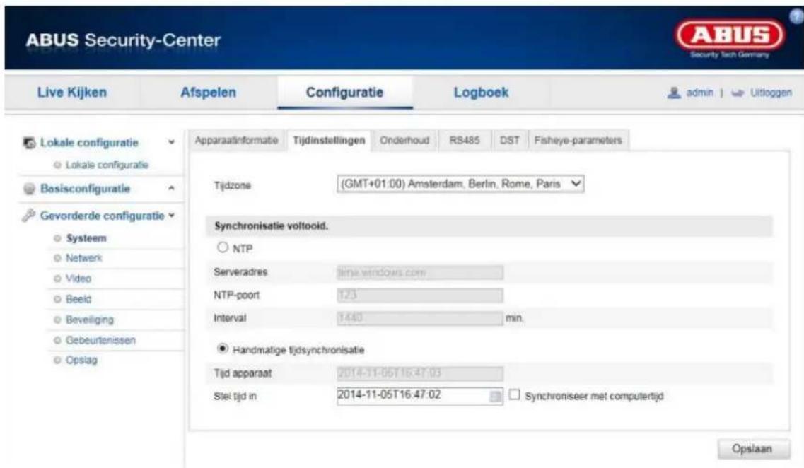 ABUS Security-Center Live Kijken Afspelen Configuratie Logboek admin | Uitloggen Lokale configuratie Lokale configuratie Basisconfiguratie Gevorderde configuratie System Network Video Beeld Beveliging Gebeurtenissen Opslag Apparaatinformatie Tijdinstellingen Onderhoud RS485 DST Fisheye-parameters Ti…