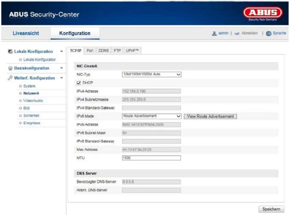 ABUS Security-Center Liveansicht Konfiguration admin Abmeiden Sprache TCP/IP Port DDNS FTP UPnPTM Lokale Konfiguration Lokale Konfiguration Basiskonfiguration Weiterf. Konfiguration System Netzwerk Video/Audio Bld Sichemet Eroignisse NIC-Einstell. NIC-Typ 10M/100M/1000M Auto DHCP IPv4-Adresse 192.16…