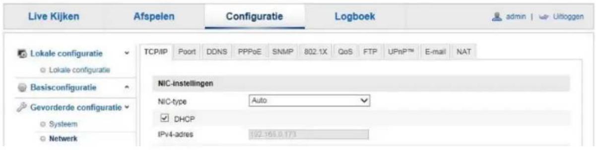 Live Kijken Afspelen Configuratie Logboek admin | Uitloggen Lokale configuratie Lokale configuratie Basisconfiguratie Gevorderde configuratie Systeem Netwerk TCP/IP Poort DDNS PPPoE SNMP 802.1X QoS FTP UPnP™ E-mail NAT NIC-instellingen NIC-type Auto DHCP IPv4-adres 192.165.0.173