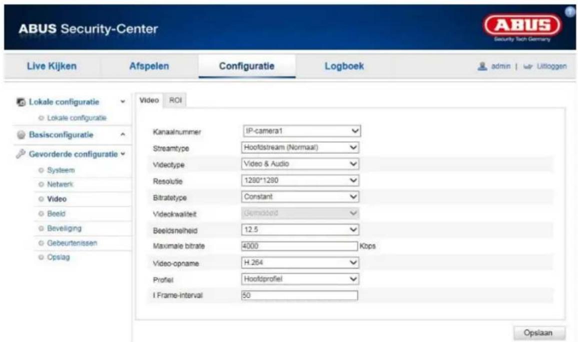 ABUS Security-Center Live Kijken Afspelen Configuratie Logboek admin | Uitloggen Lokale configuratie Lokale configuratie Basisconfiguratie Gevorderde configuratie Systeem Netwerk Video Beeid Beveliging Gebeurtenissen Opslag Video ROI Kanaalnummer IP-camera1 Streamtype Hoofdstream (Normaal) Videotype…
