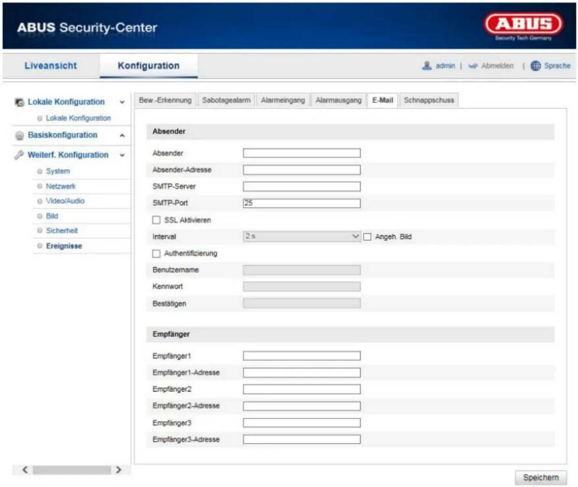 ABUS Security-Center Liveansicht Konfiguration admin Abmelden Sprache Lokale Konfiguration Lokale Konfiguration Basiskonfiguration Weiterf. Konfiguration System Netzwerk Video/Audio Bild Sicherheit Ereignisse Bew -Erkennung Sabotagealarm Alarmeingang Alarmausgang E-Mail Schnappschuss Absender Absend…