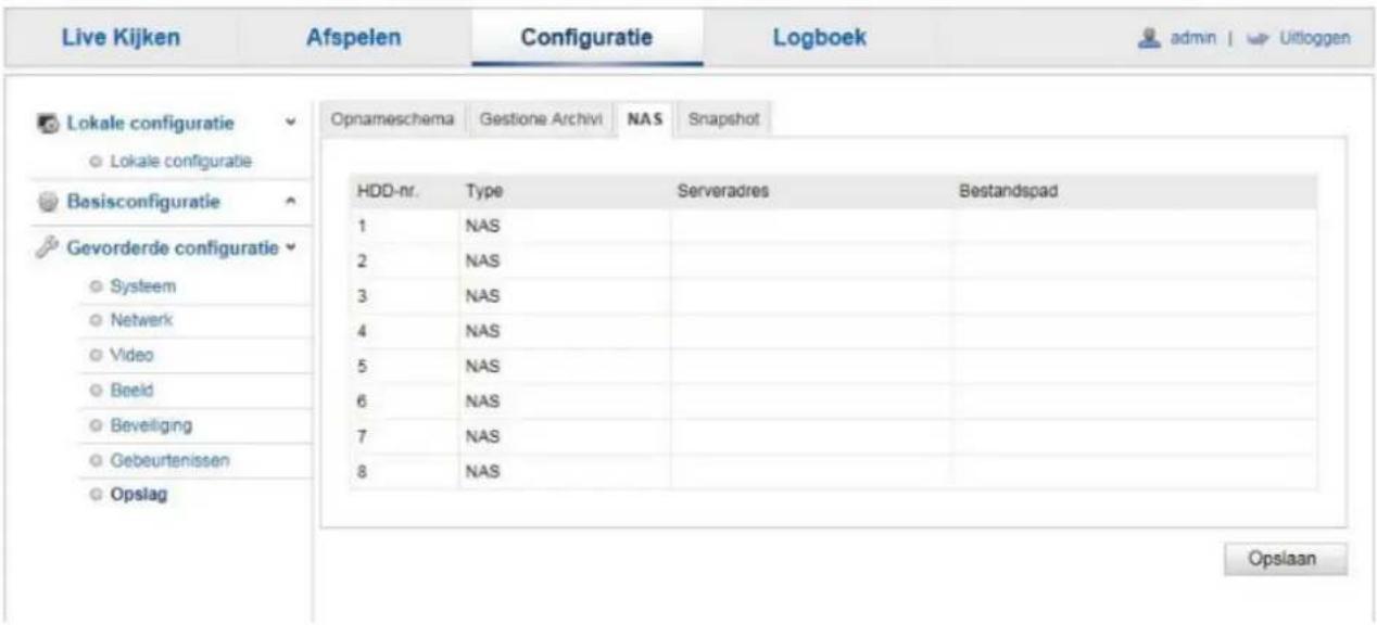 Live Kijken Afspelen Configuratie Logboek admin | Uitloggen Lokale configuratie Lokale configuratie Besisconfiguratie Gevorderde configuratie Systeem Netwerk Video Beeld Beveiliging Gebeurtenissen Opslag Opnameschema Gestione Archivi NAS Snapshot HDD-nr. Type Serveradres Bestandspad 1 NAS 2 NAS 3 NA…