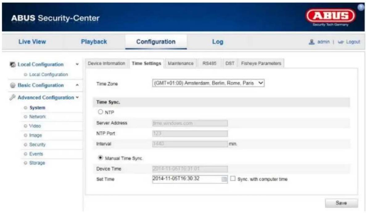 ABUS Security-Center Live View Playback Configuration Log admin | Logout Device Information Time Settings Maintenance RS485 DST Fisheye Parameters Local Configuration Local Configuration Basic Configuration Advanced Configuration System Network Video Image Security Events Storage Time Zone (GMT+01:0…