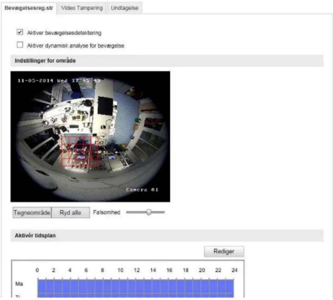 Bevægelsesreg.str Video Tampering Undtagelse Aktiver bevægelsesdetektering Aktiver dynamisk analyse for bevægelse Indstillinger for område 11-05-2014 Wed 17:45 19 Tegneområde Ryd alle Fatsomhed Aktiver tidsplan Rediger Ma Ti