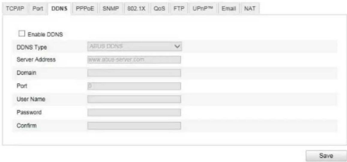 TCP/IP Port DDNS PPPoE SNMP 802.1X QoS FTP.UPnP™ Email NAT Enable DDNS DDNS Type ABUS DDNS Server Address www.abus-server.com Domain Port 0 User Name Password Confirm Save
