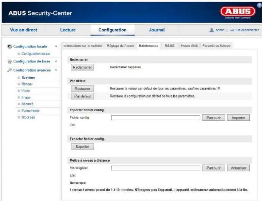 ABUS Security-Center Vue en direct Configuration locale Configuration locale Configuration de base Configuration avancée Système Réseau Vidéo Image Sécurité Evénements Stoçage Lecture Configuration Journal admin | Se déconnecter Informations sur le matériel Régage de l'heure Maintenance RS485 Heure…