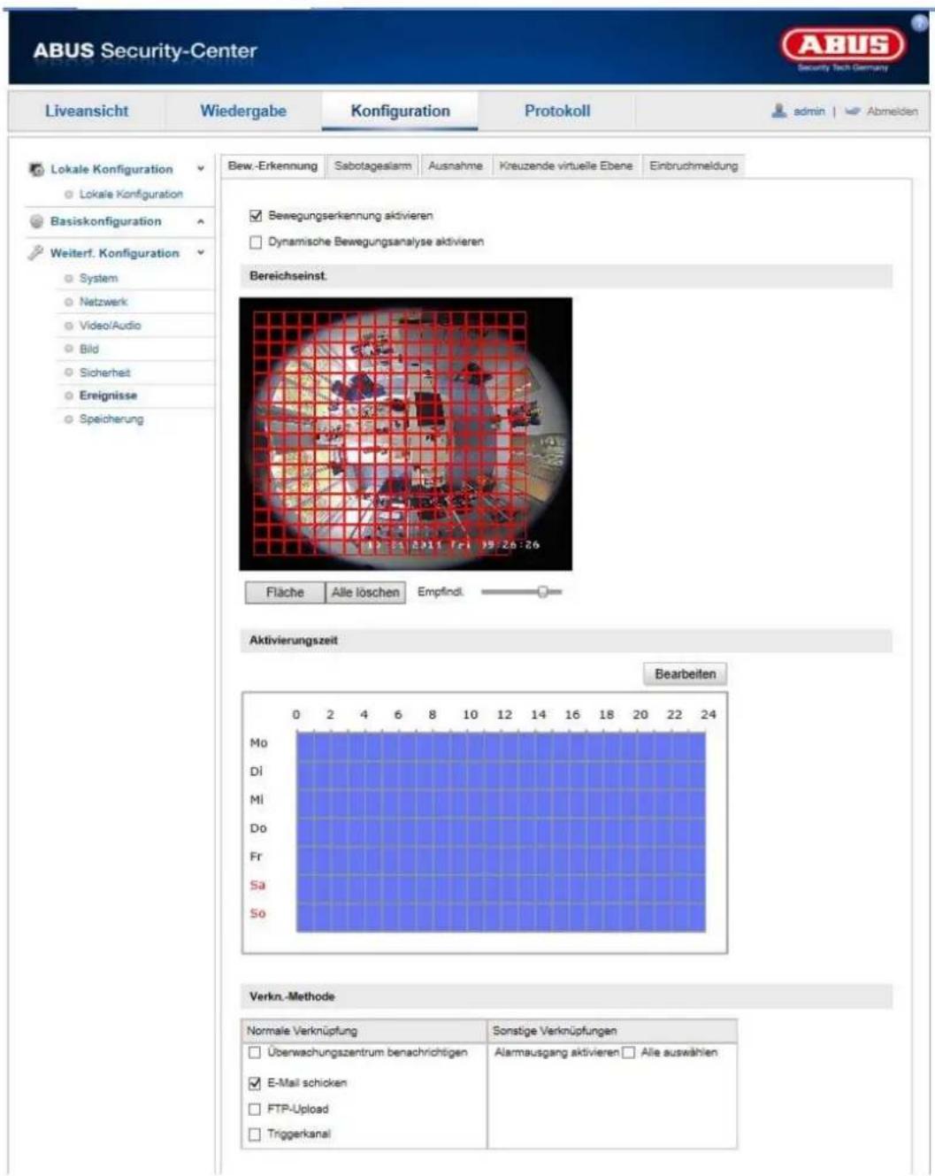 ABUS Security-Center Liveansicht Wiedergabe Konfiguration Protokoll admin | Abmelden Lokale Konfiguration Lokale Konfiguration Basiskonfiguration Weiterf. Konfiguration System Netzwerk Video/Audio Bild Sicherheit Ereignisse Speicherung Bew.-Erkennung Sabotageisarm Ausnahme Kreuzende virtuelle Ebene…