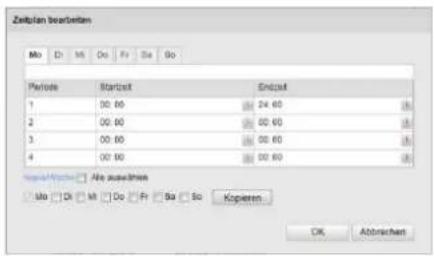 Zinkolan bearbeiten Mo D M Do F R Sa Bo Periods Startzeit Einzeit 1 00:00 24.60 2 00:00 00.60 3 00:00 00.60 4 00:00 00.60 RegelAbrechen Abz auswöhnen Mo D E M Do F R Sa So Kopieren OK Abbrachten