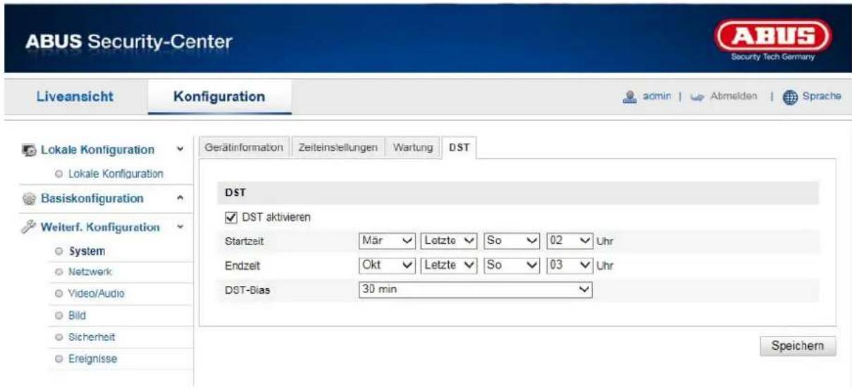ABUS Security-Center Liveansicht Konfiguration Lokale Konfiguration Lokale Konfiguration Basiskonfiguration Weiterf. Konfiguration System Netzwerk Video/Audio Bild Sicherheit Ereignisse Gerätinformation Zeiteinsleitungen Wartung DST DST ✓ DST aktivieren Startzeit Mär Letzte So 02 Uhr Endzeit Okt Let…