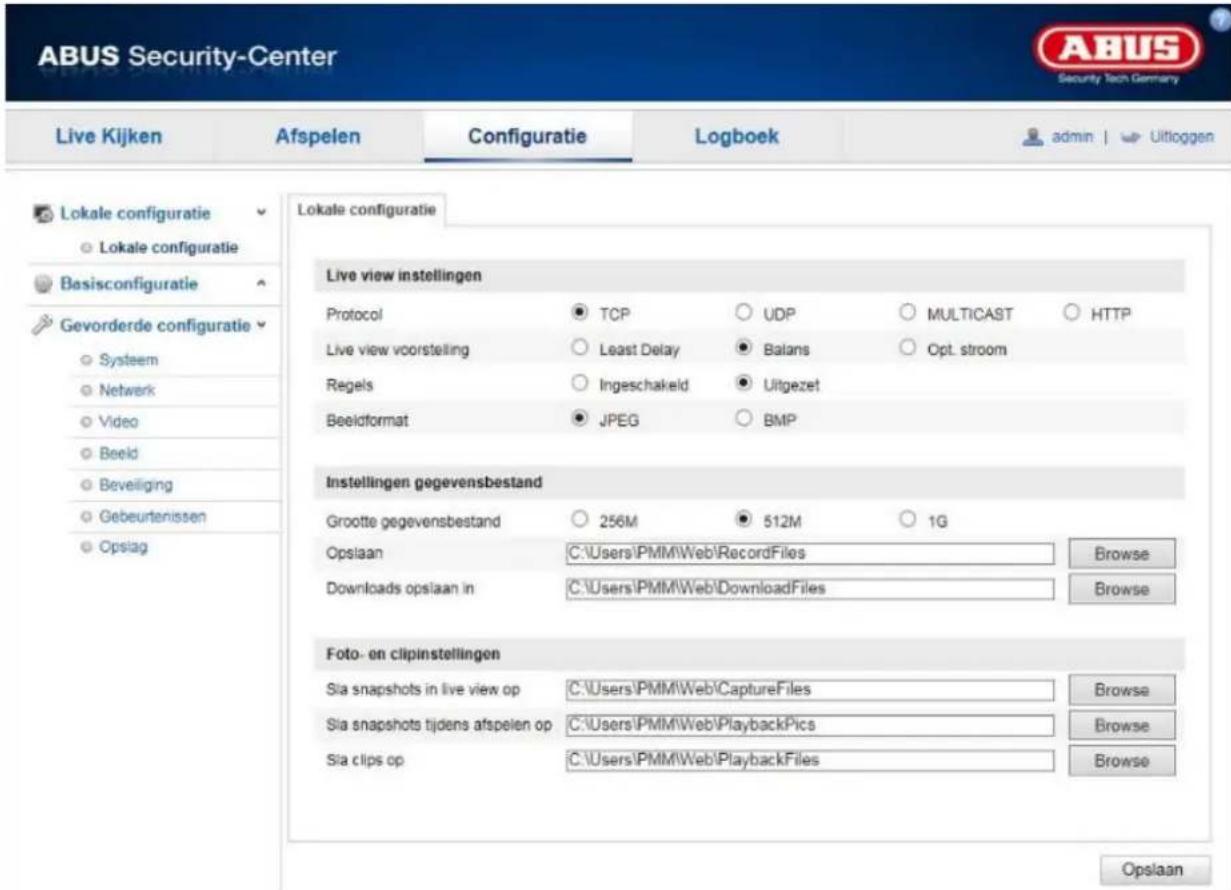 ABUS Security-Center Live Kijken Afspelen Configuratie Logboek admin | Utioggen Lokale configuratie Lokale configuratie Basisconfiguratie Gevorderde configuratie Systeem Netwerk Video Beeld Beveiliging Gebeurtenissen Opslag Lokale configuratie Live view instellingen Protocol TCP UDP MULTICAST HTTP L…