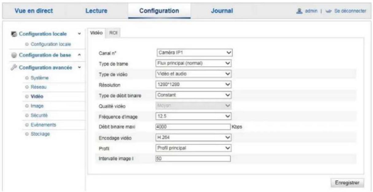 Vue en direct Lecture Configuration Journal admin | Se déconnecter Configuration locale Configuration locale Configuration de base Configuration avancée Système Réseau Vidéo Image Sécurité Evénements Stockage Vidéo ROI Canal n° Caméra IP1 Type de trame Flux principal (normal) Type de vidéo Vidéo et…