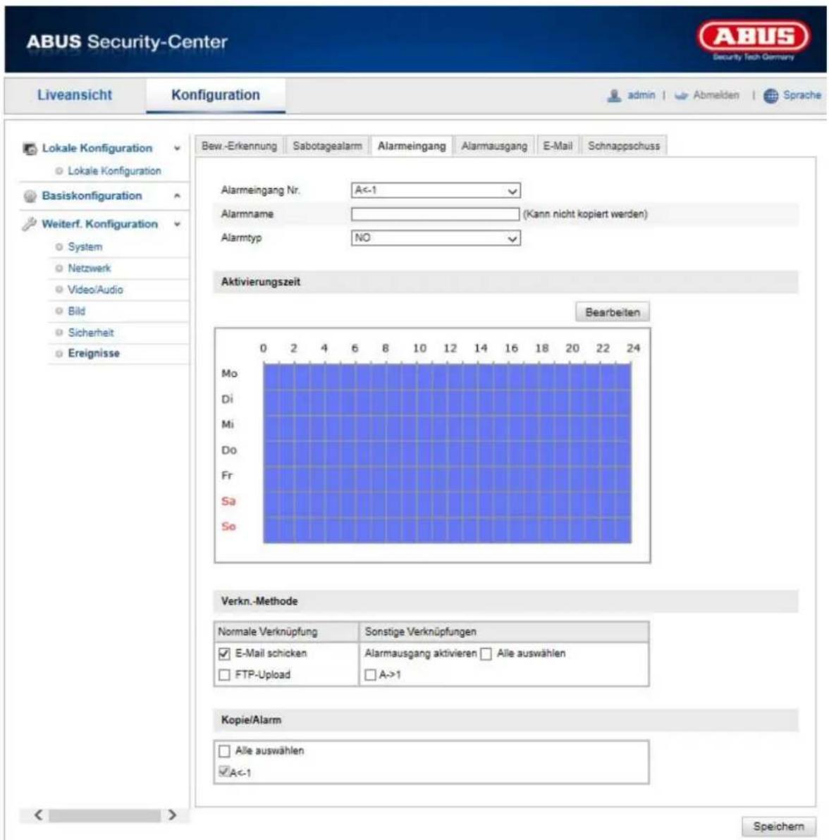 ABUS Security-Center Liveansicht Konfiguration admin Abmelden Sprache Lokale Konfiguration Lokale Konfiguration Basiskonfiguration Weiterf. Konfiguration System Netzwerk Video/Audio Bild Sicherheit Ereignisse Bew.-Erkennung Sabotagealarm Alarmeingang Alarmausgang E-Mail Schnappschuss Alarmingang Nr.…