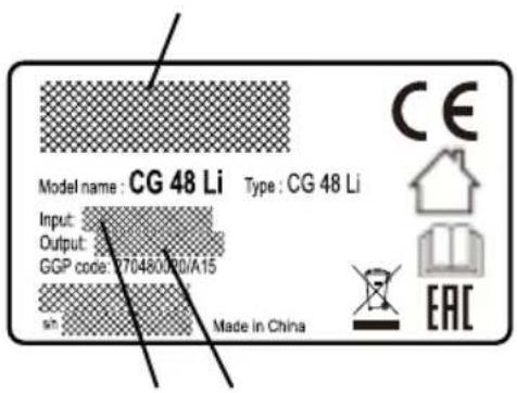Model name: CG 48 Li Type: CG 48 Li Input: Output: GGP code: 270480000/A15 Made in China CE EAC