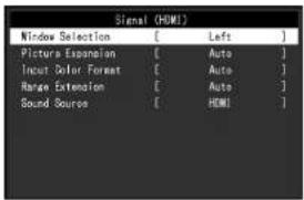 Signal (HDMI) Window Selection [ Left ] Picture Expansion [ Auto ] Input Color Forward [ Auto ] Range Extension [ Auto ] Sound Source [ HDMI ]