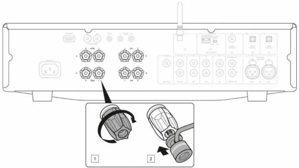 Technical diagram of a device rear panel with labeled buttons and ports, showing two instructional views (1 and 2) for device control or assembly.