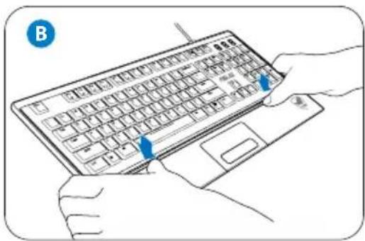 Illustration of hands typing on a keyboard with blue arrows indicating finger placement (no text or symbols present)