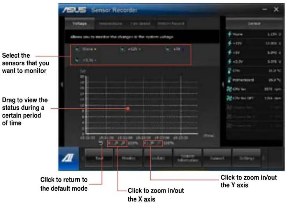 Sensor Recorder. Select the sensors that you want to monitor. Drag to view the status during a certain period of time. Click to return to the default mode. Click to zoom in/out the X axis. Click to zoom in/out the Y axis.