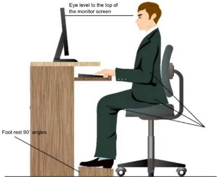 Eye level to the top of the monitor screen. Foot rest 90° angles.