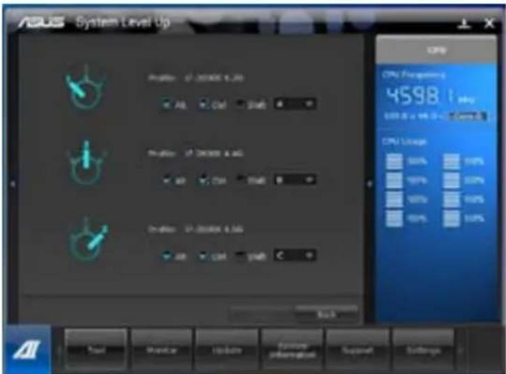 ASUS - System Level Up. CPU 4598.1. CPU Performance 4598.1. CPU Load 60% (repeated). Stock, Market. Update. Information. Support. Settings.