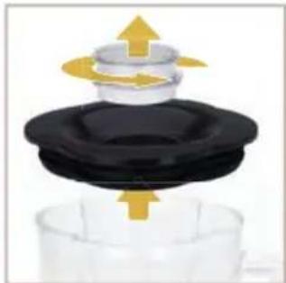 Diagram of a mechanical device with a black lid and yellow directional arrows indicating motion (no text or symbols)