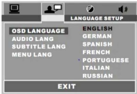 LANGUAGE SETUP OSD LANGUAGE AUDIO LANG SUBTITLE LANG MENU LANG ENGLISH GERMAN SPANISH FRENCH PORTUGUESE ITALIAN RUSSIAN EXIT