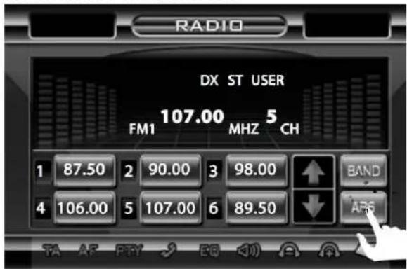 RADIO DX ST USER 107.00 5 FM1 MHZ CH 1 87.50 2 90.00 3 98.00 ↑ BAND 4 106.00 5 107.00 6 89.50 ↓ AP6 TA AF PHY FB