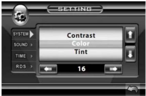 SETTING SYSTEM SOUND > TIME > RDS > Contrast Color Tint 16