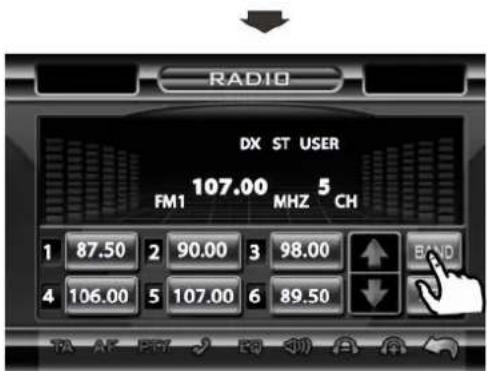 RADIO DX ST USER FM1 107.00 MHZ 5 CH 1 87.50 2 90.00 3 98.00 ↑ BAND 4 106.00 5 107.00 6 89.50 ↓