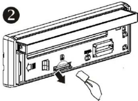 Technical diagram of a device rear panel with labeled components and directional arrows indicating movement or assembly.