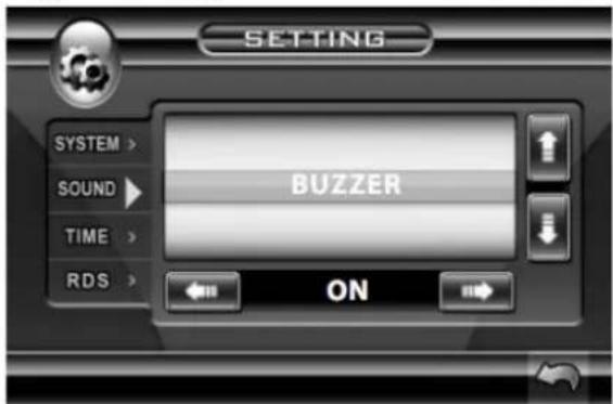 SETTING SYSTEM > SOUND > TIME > RDS > BUZZER ON