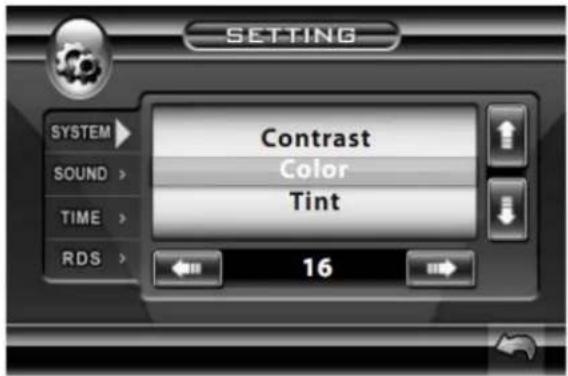 SETTING SYSTEM SOUND > TIME > RDS > Contrast Color Tint 16