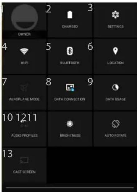 EIGENAAR 2 OPGELADEN 3 INSTELLINGEN 4 WiFi 5 BLUETOOTH 6 LOCATIE 7 VLIEGTUIGMODUS 8 DATAVERBINDING 9 DATAGEBRUIK 10 1211 AUDIOPROFIELEN HELDERHEID AUTO ROTEREN 13 SCHERM OVERDRAGEN