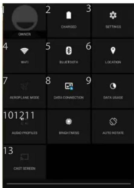 OWNER 2 CHARGED 3 SETTINGS 4 WIFI 5 BLUETDOOTH 6 LOCATION 7 AEROPLANE MODE 8 DATA CONNECTION 9 DATA USAGE 10 AUDIO PROFILES 11 BRIGHTNESS AUTO ROTATE 13 CAST SCREEN