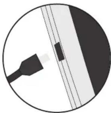 Circular icon showing a black USB cable inserted into a white panel with diagonal lines (no text or symbols)