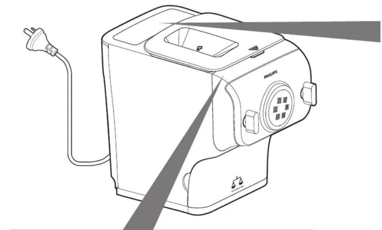 Line drawing of a Philips washing machine with power outlet and scale balance (no text or symbols)