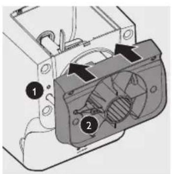 Technical diagram of an electrical component with labeled parts 1 and 2, showing internal structure and wiring.