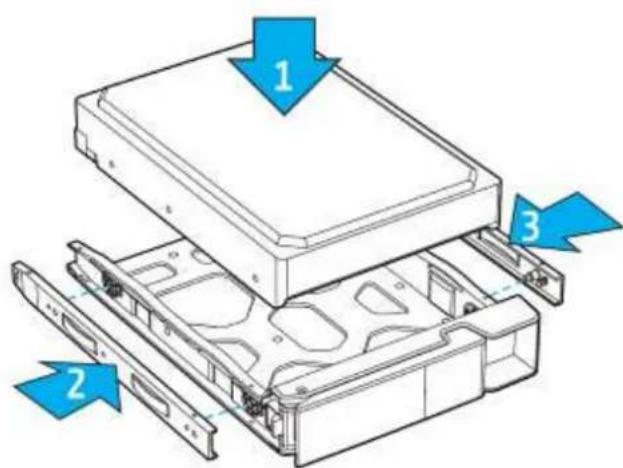 Technical diagram of a computer drive showing three labeled components with blue arrows indicating assembly or movement.
