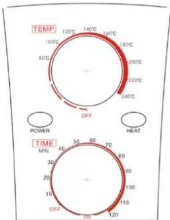 TEMP 120°C 140°C 160°C 100°C 80°C 200°C 220°C 240°C OFF POWER 50 60 70 30 90 20 100 10 110 OFF ON 120 TIME MIN