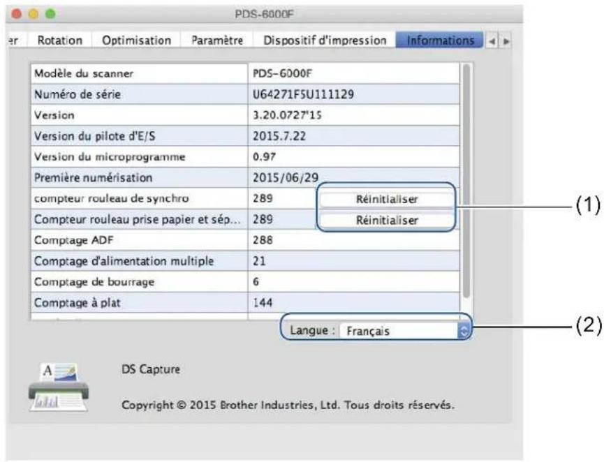 PDS-6000F Rotation Optimisation Paramètre Dispositif d'impression Informations Modèle du scanner PDS-6000F Numéro de série U64271F5U111129 Version 3.20.0727'15 Version du pilote d'E/S 2015.7.22 Version du microprogramme 0.97 Première numérisation 2015/06/29 compteur rouleau de synchro 289 Réinitialiser Compteur rouleau prise papier et sép... 289 Réinitialiser Comptage ADF 288 Comptage d'alimentation multiple 21 Comptage de bourrage 6 Comptage à plat 144 Langue : Français (1) (2) A DS Capture Copyright © 2015 Brother Industries, Ltd. Tous droits réservés.