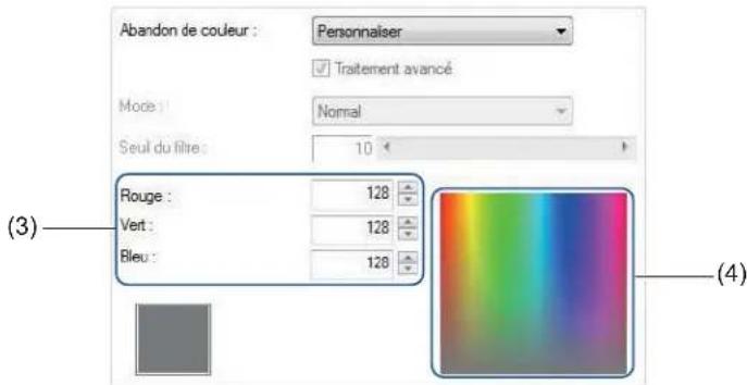 Abandon de couleur : Personniser ✓ Traitement avancé Mode : Normal Seul du filtre : 10 Rouge : 128 Vert : 128 Bleu : 128 (3) (4)